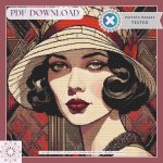 A detailed cross-stitch pattern cover featuring a portrait of a glamorous 1920s woman with dark curls, deep red lips, and a vintage cloche hat with red and cream tones. The background has an elegant Art Deco-inspired design in warm shades of red and brown. The image includes a "Pattern Keeper Tested" badge, a "PDF Download" label, and the Sun Xstitch logo in the corner.