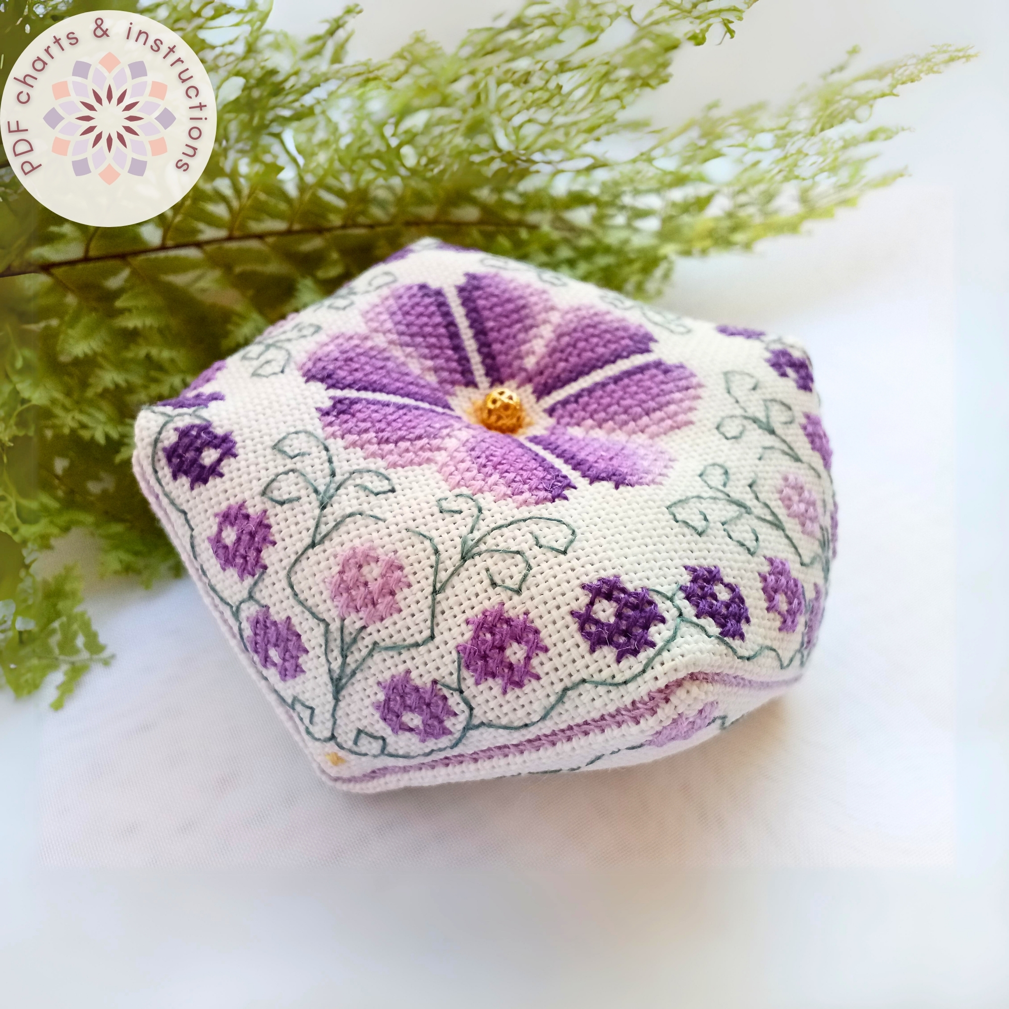 Violets-Biscornu-Needlecraft-pattern Violets-Biscornu-Needlecraft-pattern